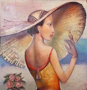 Картина Женщина в шляпе,  с птичкой. холст,  масло.