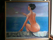 Картина пейзаж. Девушка у моря,  обнажённая холст,  маслом.